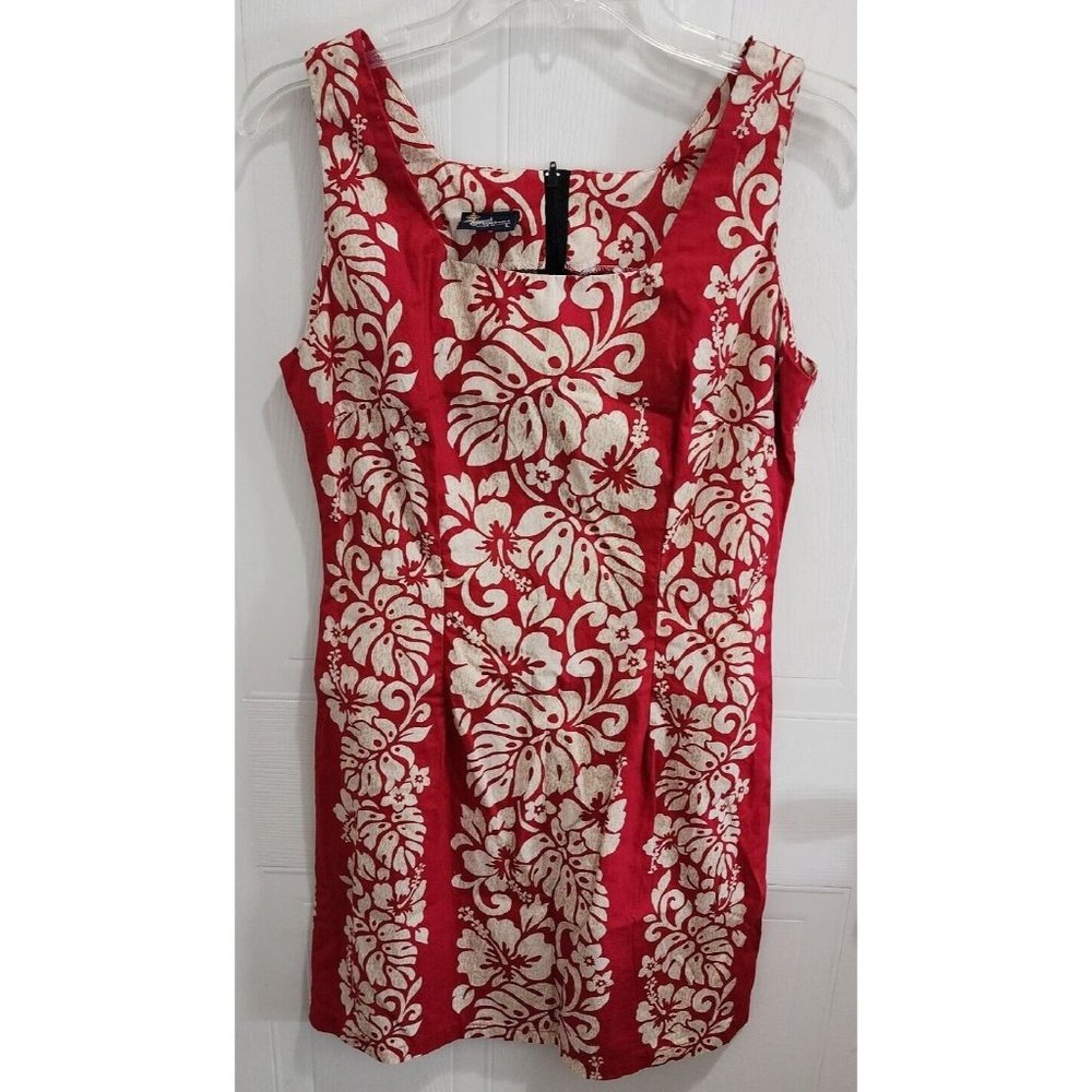 Royal Creations Women's Hawaiian Sheath Dress Red White Floral 100% Cotton Sz L